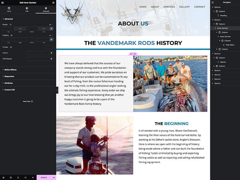 Screenshot of VanDemark Rods page editor